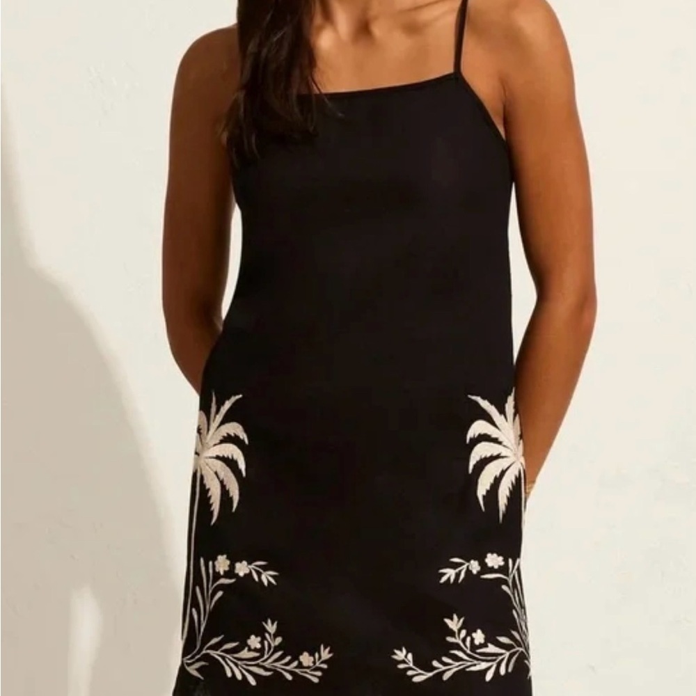 Calypso St Barth Black Linen Blend Embroidered Palm Trees Dress Size M NWT